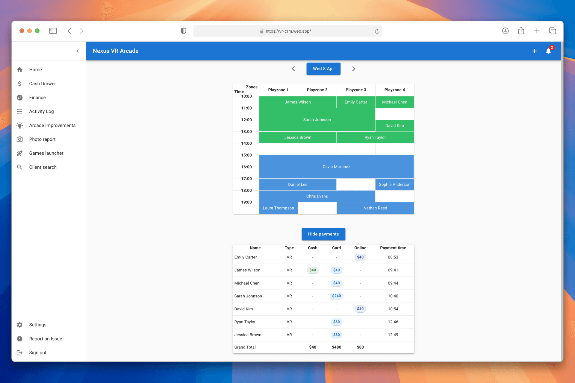 ArcadeOS dashboard showing the day calendar and Game Launcher